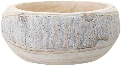 Bloomingville Decorative Hand-Carved Paulownia Wood Bowl, Whitewashed, 10.5 in Diameter, 4.25 in Tall