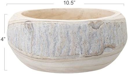 Bloomingville Decorative Hand-Carved Paulownia Wood Bowl, Whitewashed, 10.5 in Diameter, 4.25 in Tall