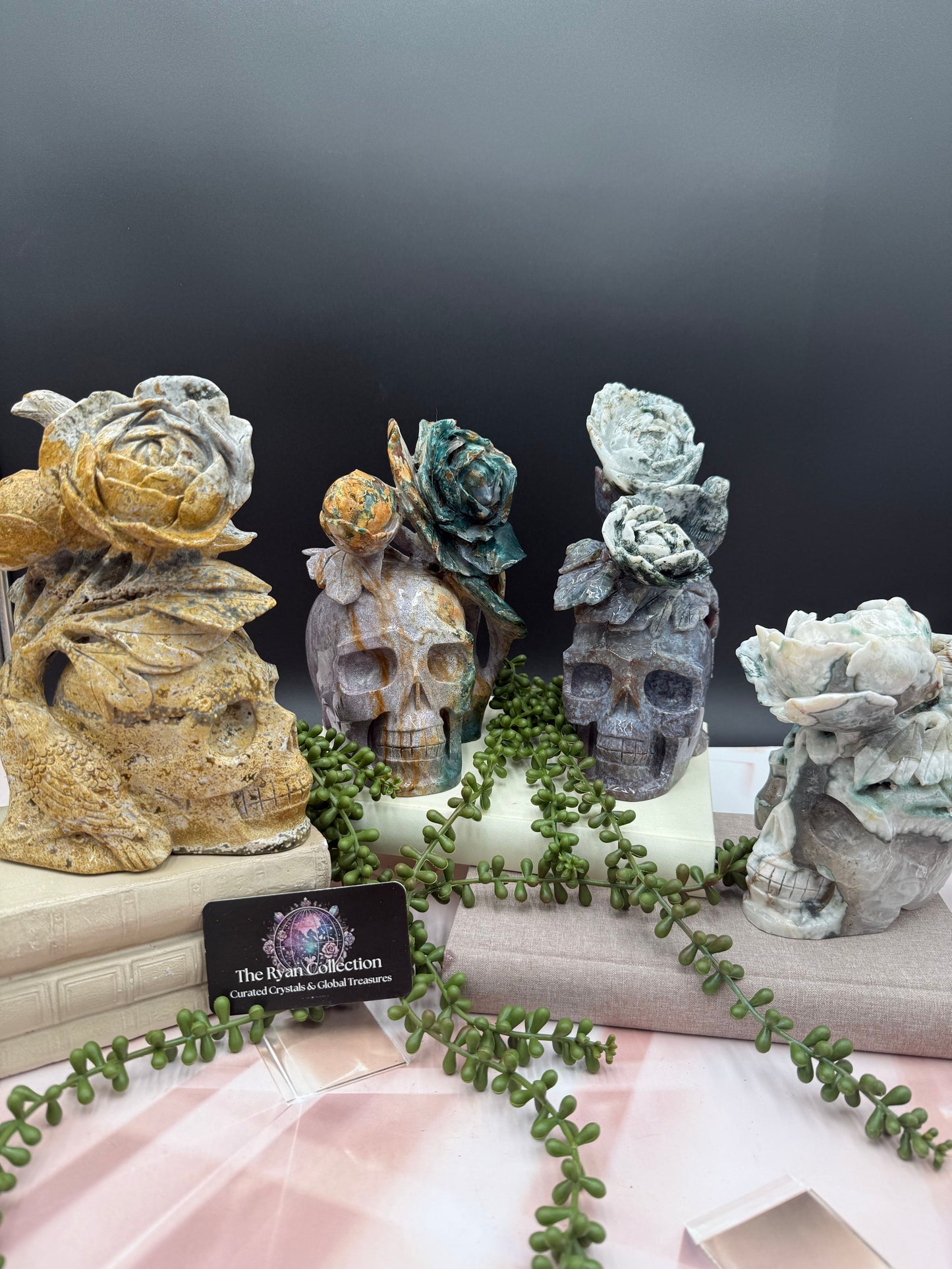 Hand-Carved Ocean Jasper Skull with Floral Design – 8.5” | 2.4 Kg