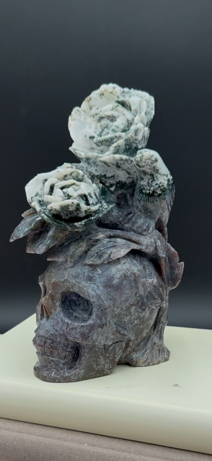 Hand-Carved Large Purple Ocean Jasper Skull with Floral Design – 8.5” | 3.22 Kg