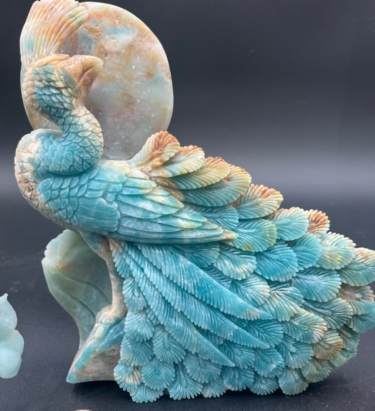 Exquisite Hand-Carved Caribbean Calcite Peacock Statue
