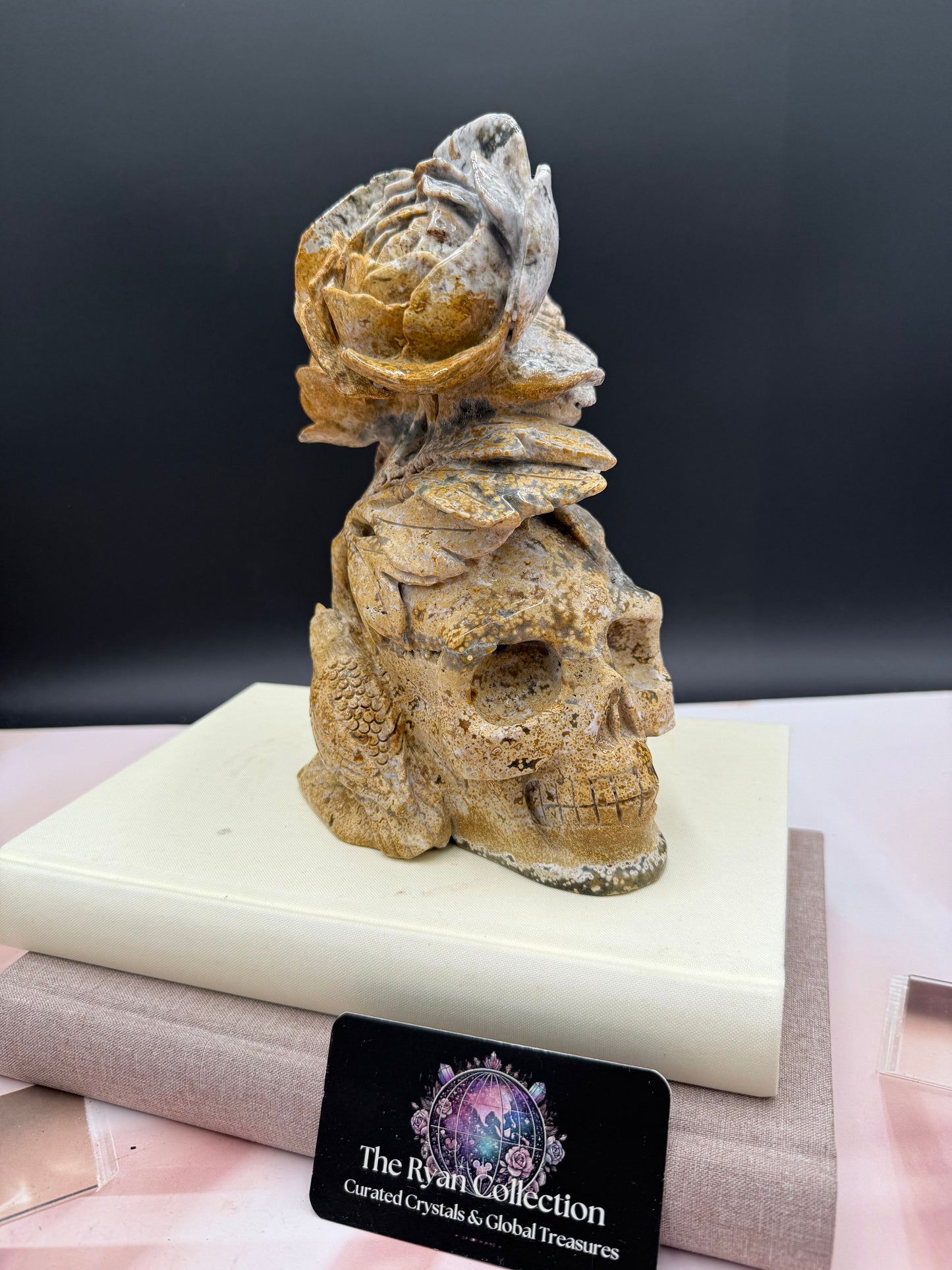 Hand-Carved Large Gold Ocean Jasper Skull with Floral Design | 2.78 Kg