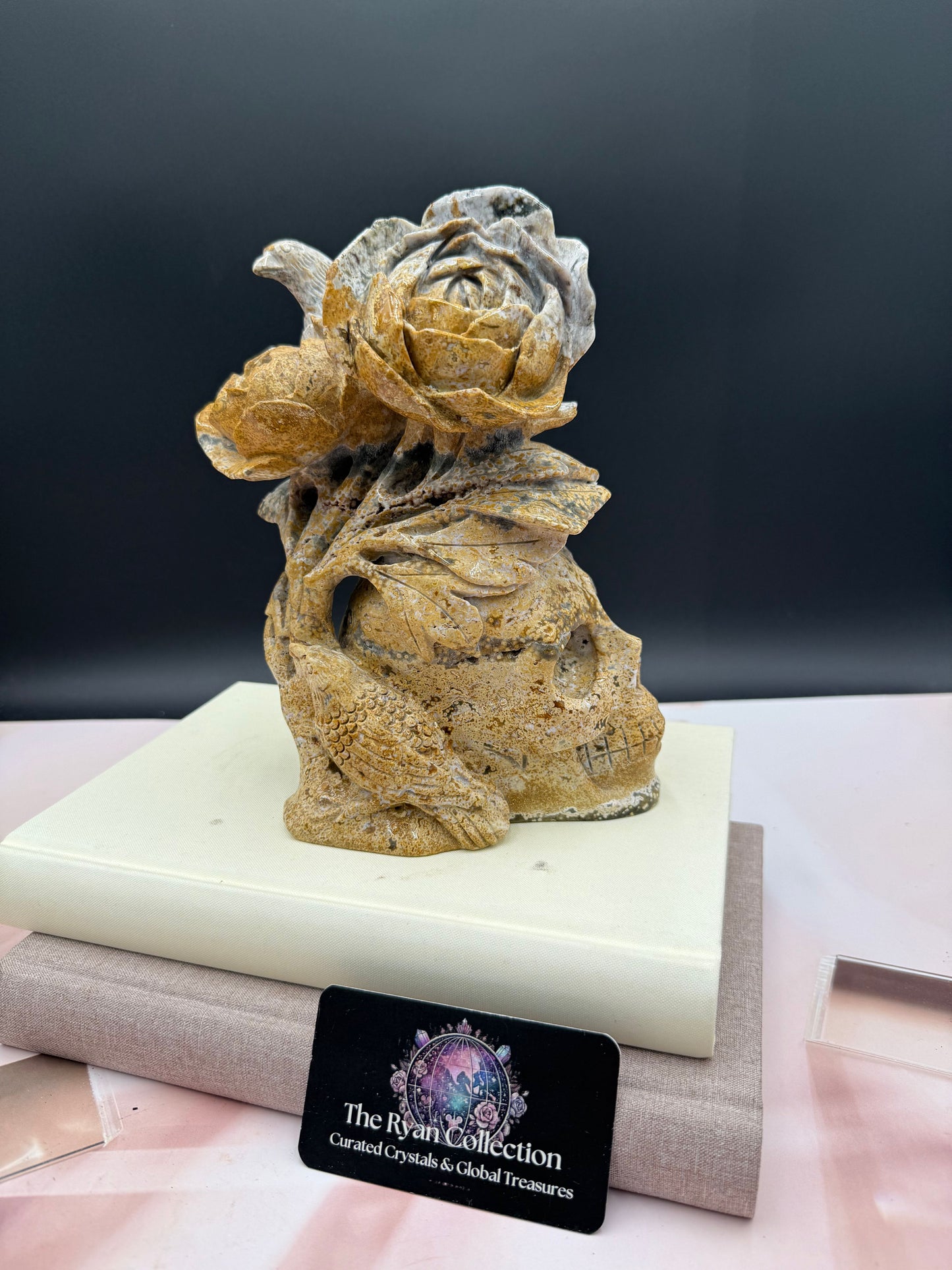 Hand-Carved Large Gold Ocean Jasper Skull with Floral Design | 2.78 Kg