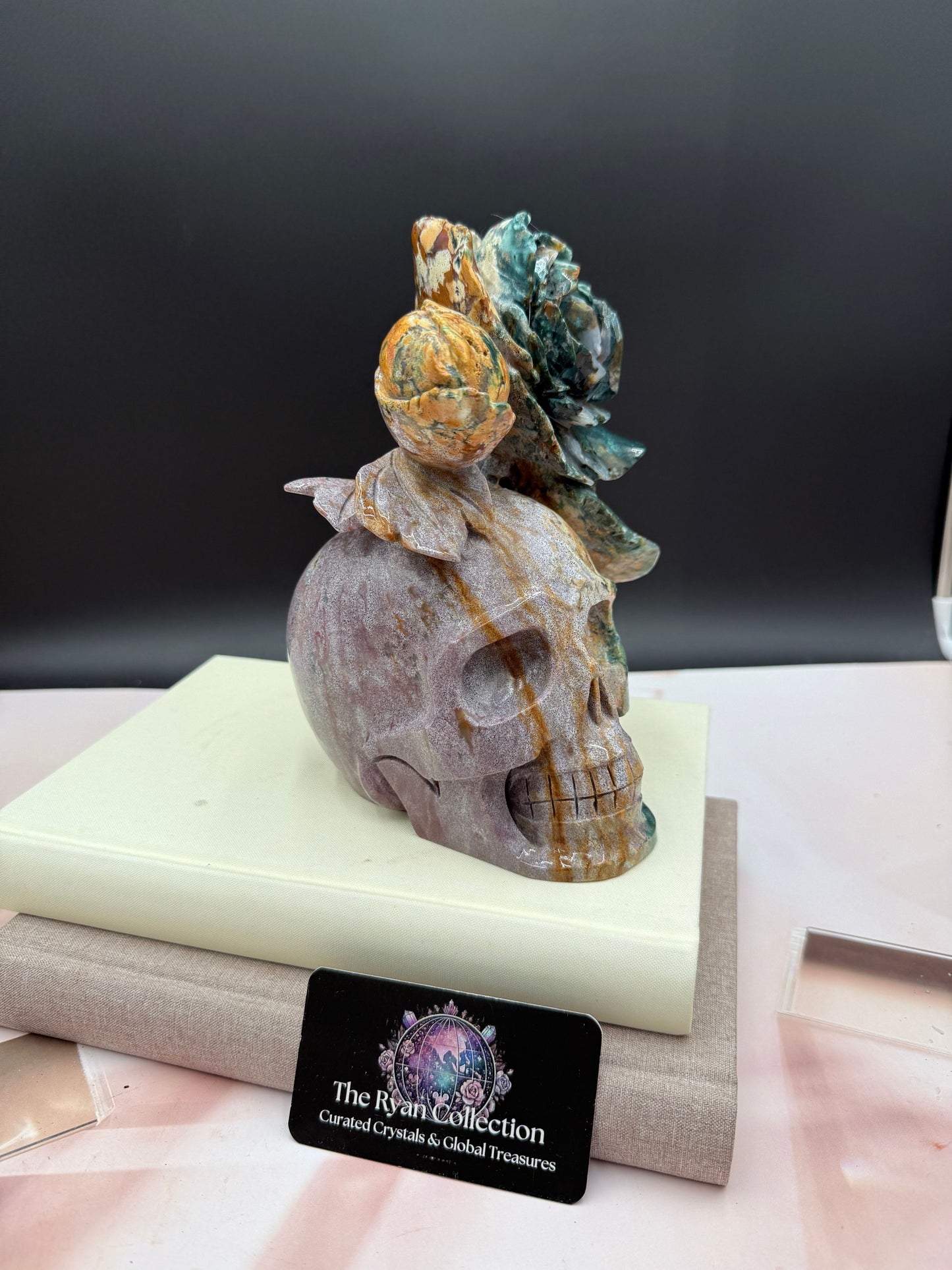 Hand-Carved Ocean Jasper Skull with Floral Design – 8.5” | 2.4 Kg