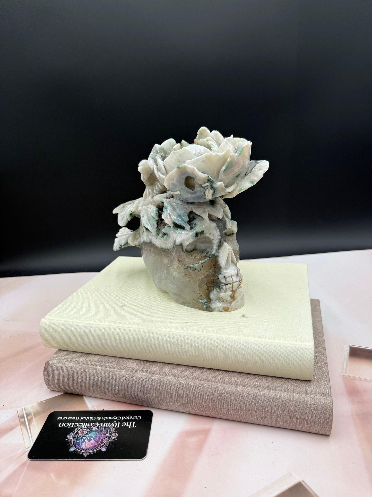 Hand-Carved Clear Quartz & Moss Agate Skull with Floral Design | 3.12 kg