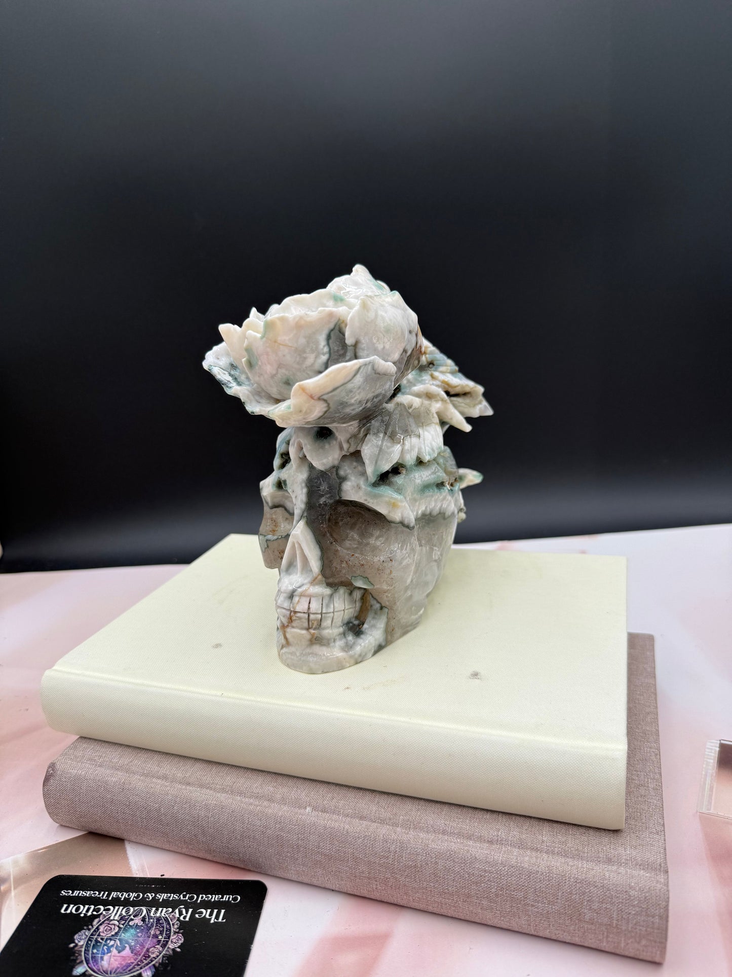 Hand-Carved Clear Quartz & Moss Agate Skull with Floral Design | 3.12 kg