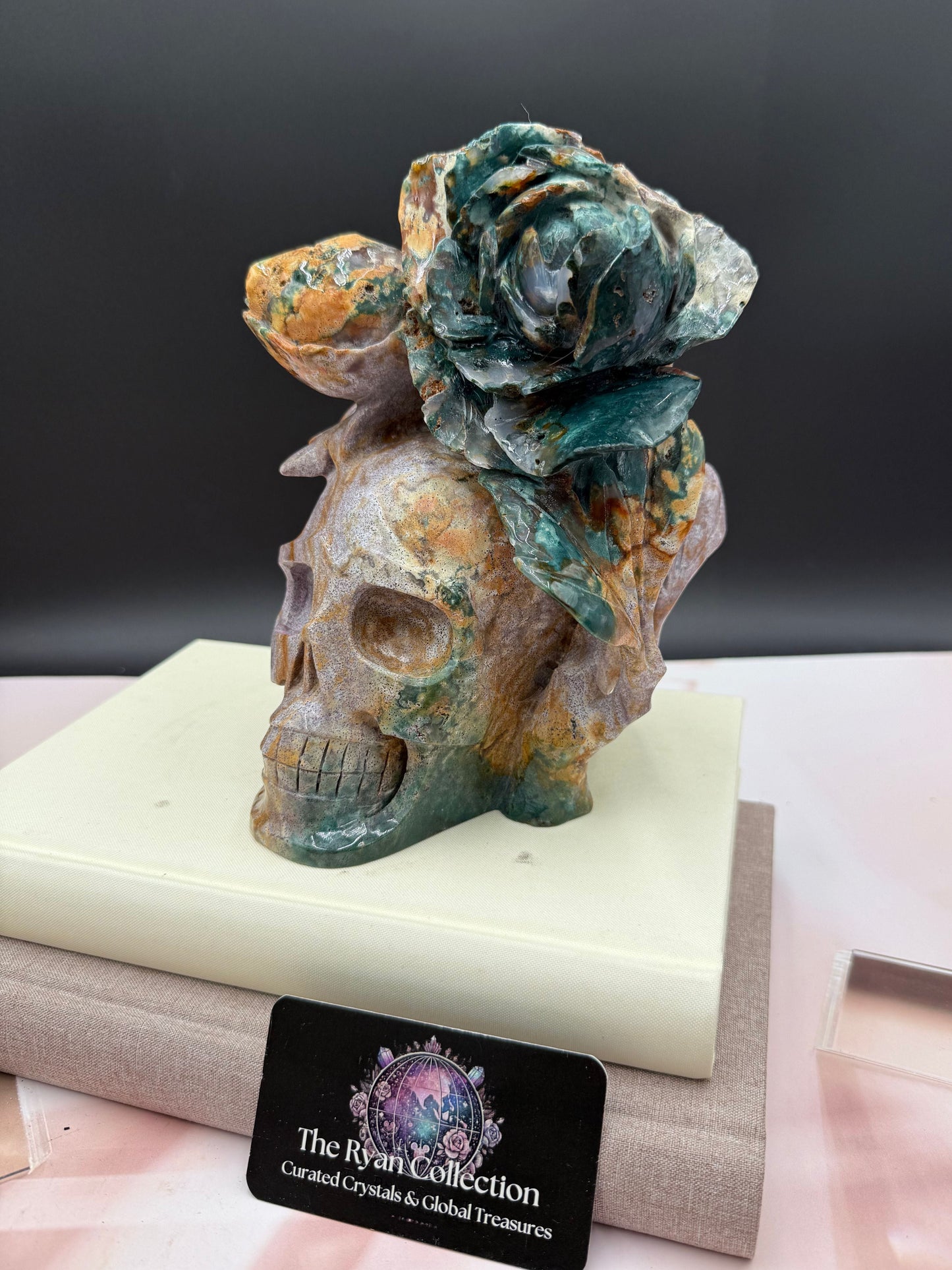 Hand-Carved Ocean Jasper Skull with Floral Design – 8.5” | 2.4 Kg